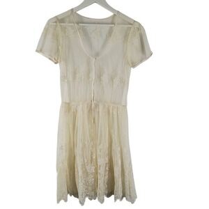 Sheer Lace Floral‎ Overlay Dress  Ivory Short Sleeve Small Balletcore Coquette